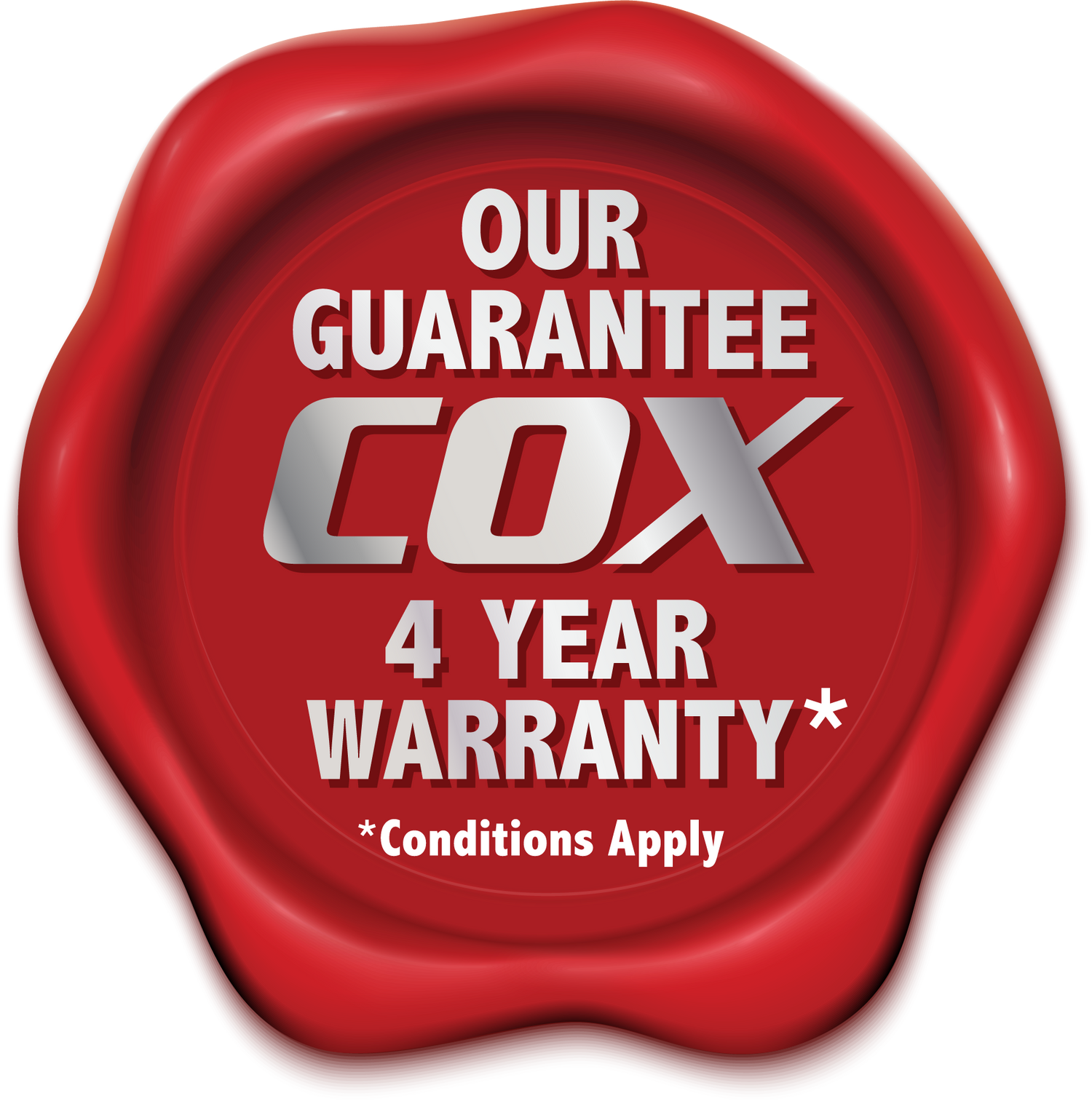 COX Power 4 year warranty seal icon. COX guarantees its commitment to providing warranty across all of its power products