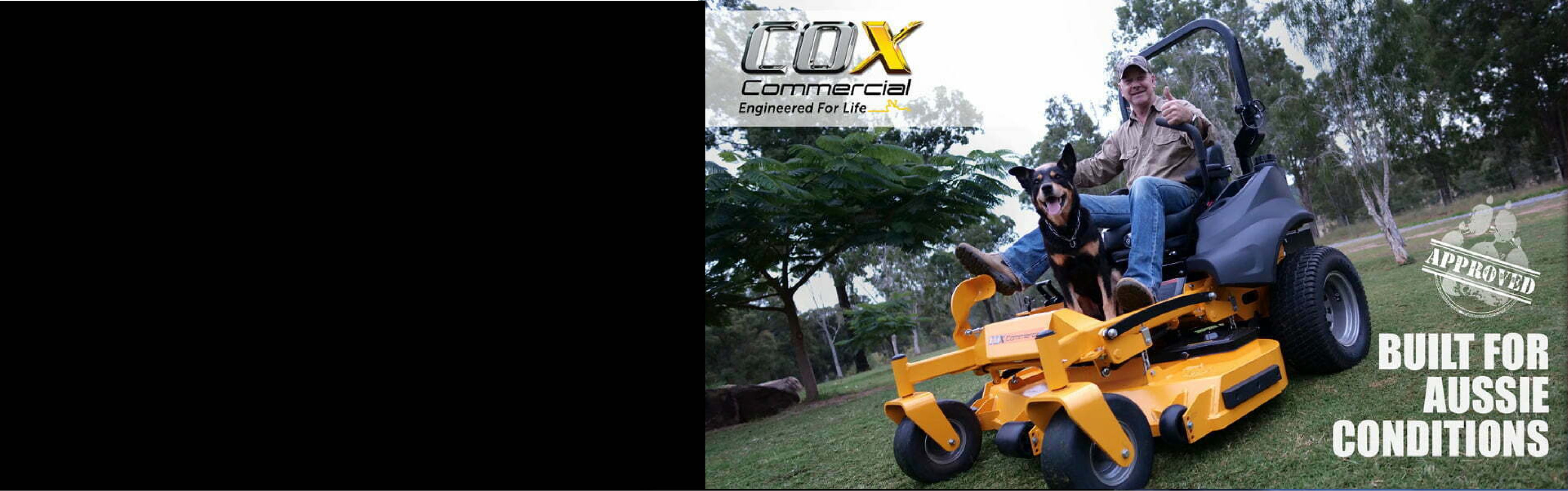 COX Mowers Commercial Series Approved_by_Jock graphic with Mark Larkham and his dog Jock sitting on a COX Mowers ride-on mower on a green lawn with trees in the background