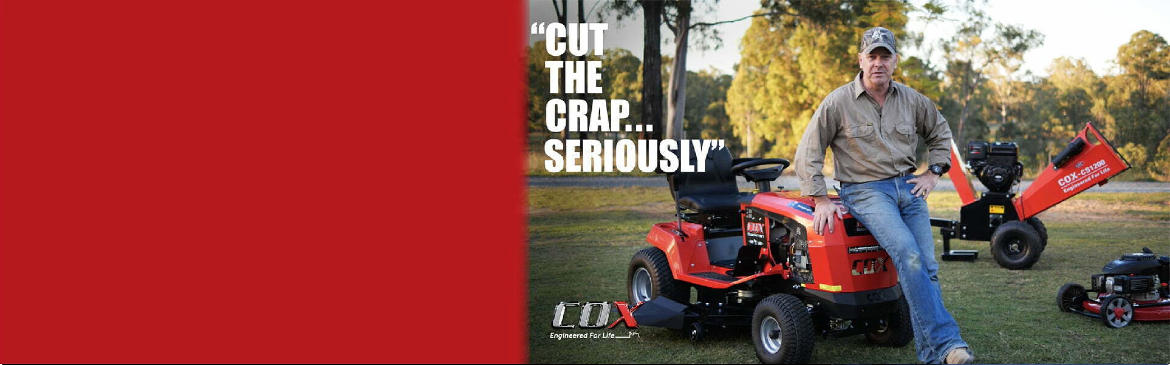 COX Mowers Cut_the_crap_seriously graphic with Mark Larkham sitting on a Cox Ride-On Mower with a Vertical Chipper in the background