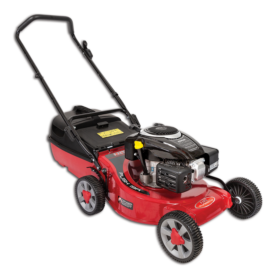 Professional Push 19A 45 litre, tough plastic catcher. Kohler XTX775 173cc fourr stroke engine. Large 230mm ball bearing wheels. COX engineered swing back blades. Cutting height range 20-90mm.