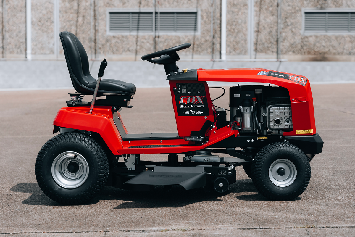 Right hand side profile photo of a COX Stockman PLUS mower