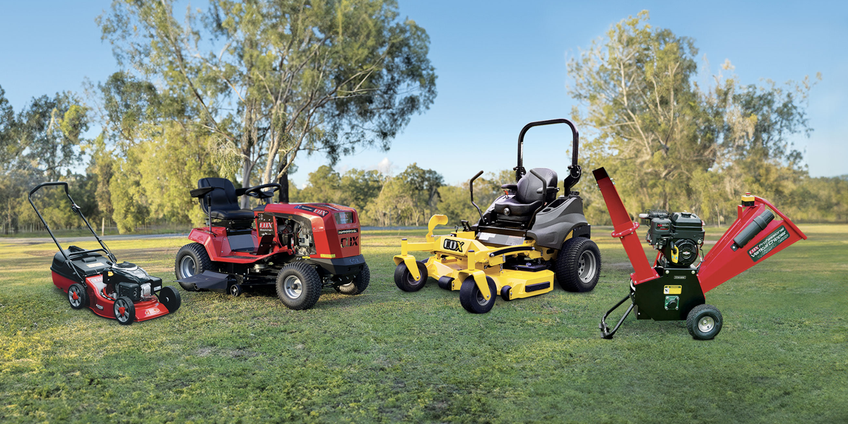 COX Mowers landscape image with product shots including products from the Walk Behind Range, Stockman Ride On Range, Turf One Zero Turn Range and Chippers and Shredders